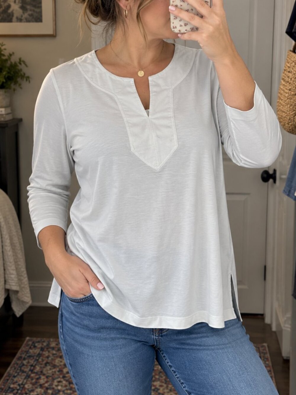 Lauren Ralph Lauren White Tunic Top M Split Neck 3/4 Sleeve Cotton NWT Classic